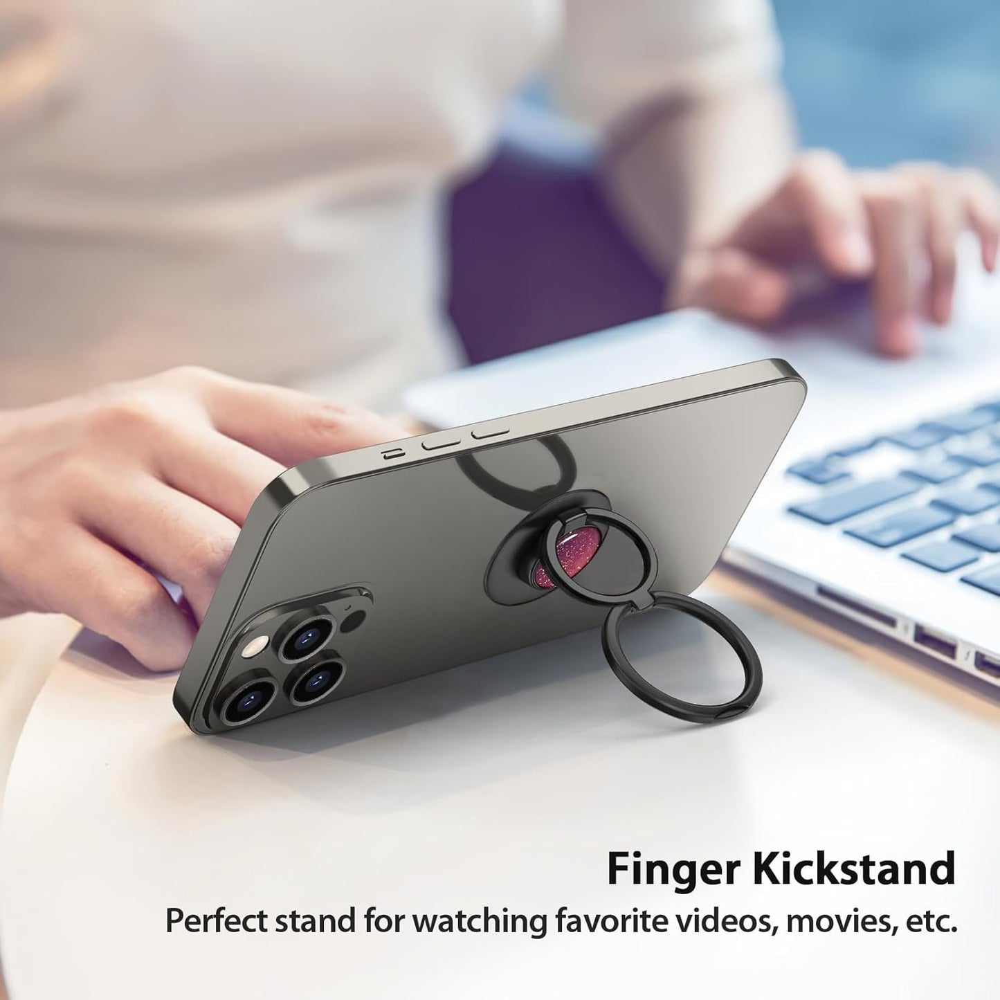 Phone Grip, Phone Ring Holder Finger Kickstand, Foldable & Adjustable Double Metal Cell Phone Rings Gripper Stand for iPhone Samsung &Other Phones - Sparkle Red