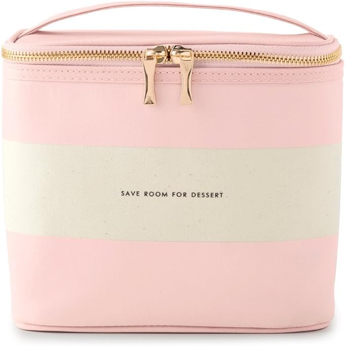 kate spade new york Small Insulated Lunch Tote, Lunch Cooler, 8 x 7 x 4.5 Cute Lunch Bag for Women, Pink Thermal Bag with Double Zipper Close and Carrying Handle, Blush Rugby Stripe
