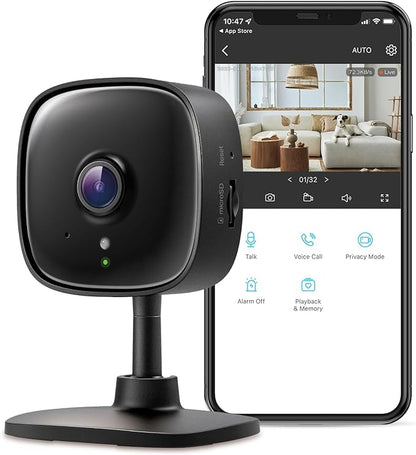 Tapo 2K Indoor Wired Security Camera - Works as a Baby Monitor & Pet Camera, Person/Motion/Baby Cry Detection, 2-Way Audio, Siren, Subscription-Free Local Storage or Optional Cloud, Black, C111