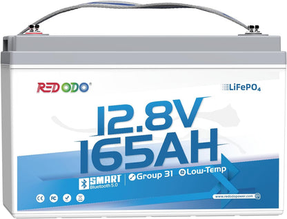 Redodo 12V 165Ah LiFePO4 Battery with Bluetooth, 165A BMS, 2112Wh, Group 31 Lithium Battery with 1.65X Longer Lasting, Perfect for RV, Marine, Solar
