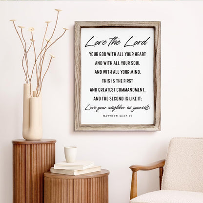 Christian Wall Plaque, Master Bedroom Decor Above Bed, Rustic Farmhouse Christian Decor, Matthew 22:37-39 Signs, Framed Wall Plaque Sign 15 * 11.5 inches, Love the Lord Sign