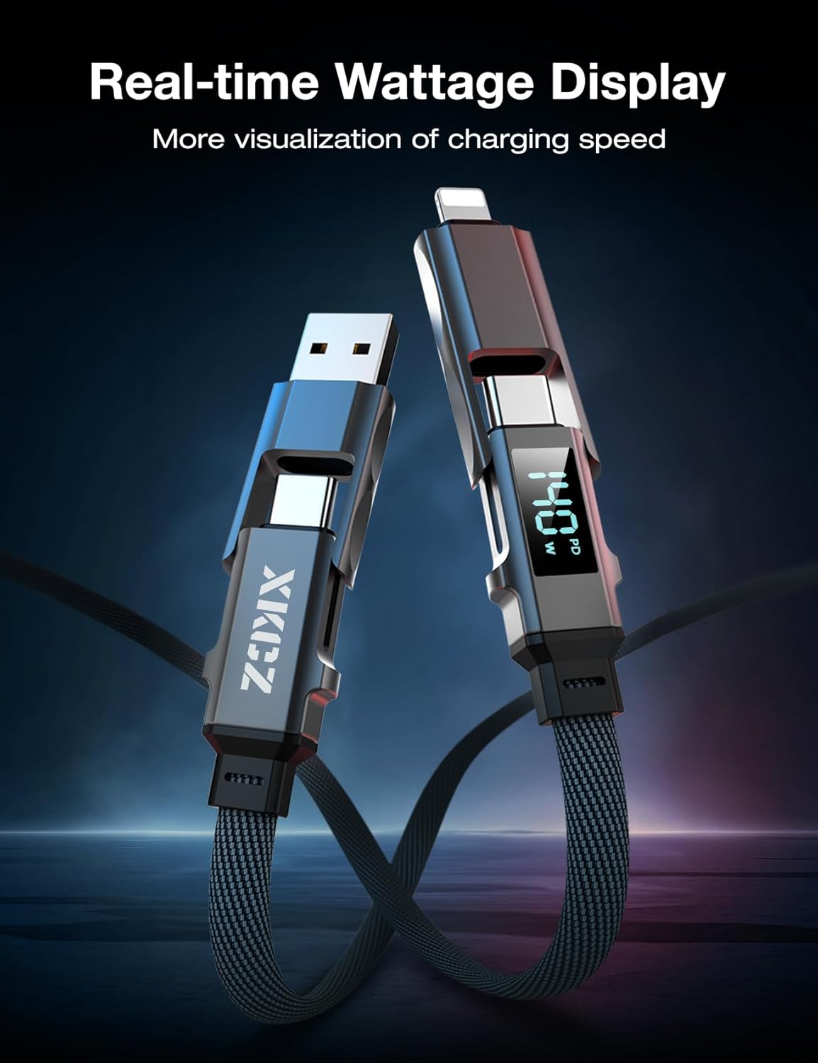 4 in 1 USB C Cable with Wattage Display, 140W Flat Nylon Braided Multi Charge Cable with Data Sync, USB C Charging Cord Combo Type C/USB A/L Port for iPhone/iPad/Samsung/Laptop, 3FT