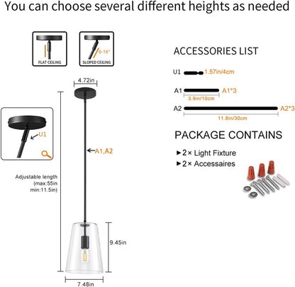 Black Big Pendant Lights Kitchen Island - Clear Glass Pendant Light Fixture Multiple Stems Rods 3 Units 12 Inch 3 Units 4 Inch (2 Pack Black Downrod Pendant with 7.5in W 9.5in H Shade)