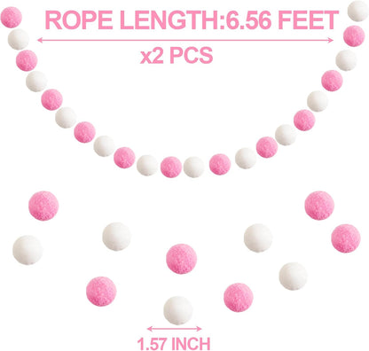 XmasExp Pom Pom Garland Decorations - Large Pink Felt Ball Garland for Baby Shower, Gender Reveal, Mantle,Tree Ornaments, Kids Room and Party Hanging Decor,13 Ft. (Pink, 1.57")