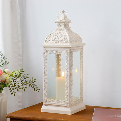 TRIROCKS Rustic Style Metal Candle Lantern 19'' High Decorative Hanging Lantern Candle Holder with Tempered Glass for Christmas Living Room Garden Yard Patio Parties Events Indoors Outdoors(Cream)