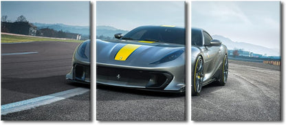 Wall Art Decor Painting on Canvas Gray Sports Car on the Road Pictures for Home Walls Speed Racing Cars Office Wall Art Framed 3 Pieces Supercar Modern Artwork for Living Room Bedroom, 36" Wx16 H