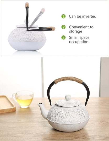Sotya Cast Iron Teapot, 40oz/1200ml Japanese Tetsubin Tea Pot with Infuser for Loose Leaf and Tea Bags, Tea Kettle Coated with Enameled Interior for Stove Top, White