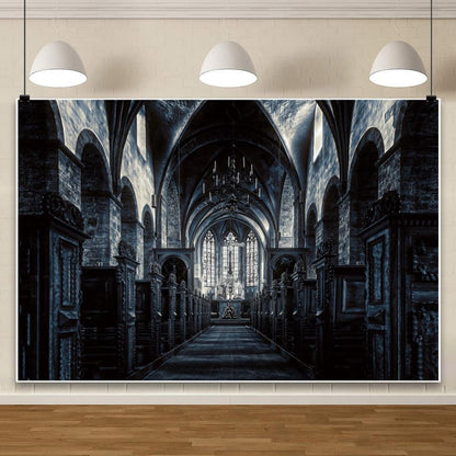 ChloropLastid 15x8ft Scary Church Halloween Backdrop Dark Black Horror Gothic Medieval Castle Interior Photography Background Halloween Night Carnival Theme Party Decor Banner Photo Studio Props