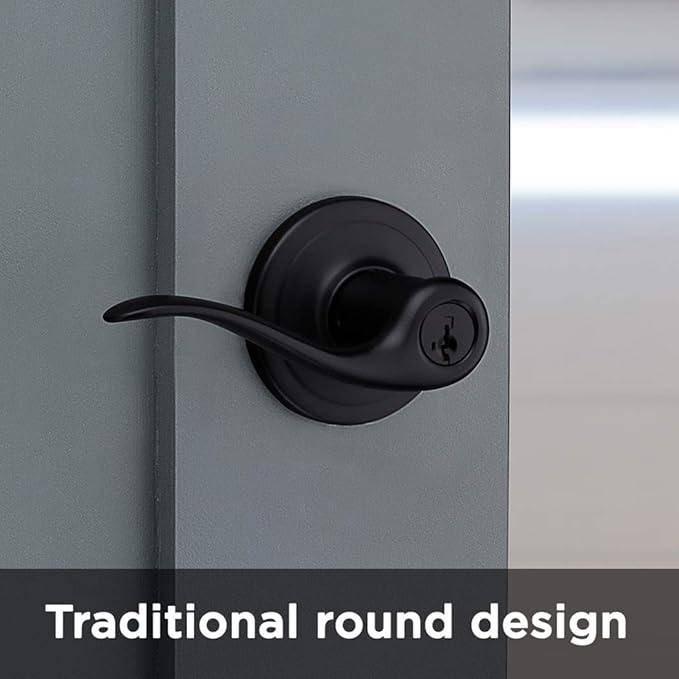 Kwikset Tustin Entry Door Handle with Lock and Key, Secure Keyed Reversible Lever Exterior, For Front Entrance and Bedrooms, Matte Black, Pick Resistant Smartkey Rekey Security and Microban