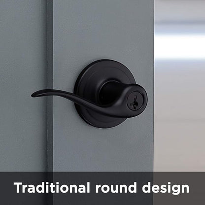 Kwikset Tustin Entry Door Handle with Lock and Key, Secure Keyed Reversible Lever Exterior, For Front Entrance and Bedrooms, Matte Black, Pick Resistant Smartkey Rekey Security and Microban