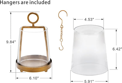 6" Wide Modern Farmhouse Metal Hurricane Candle Holder with Handmade Sturdy Glass Sleeve in Antique Brass for Pillar Candle & Plants, Hurricane Lantern, Industrial, Minimalistic (1, Brass, 6"x10")