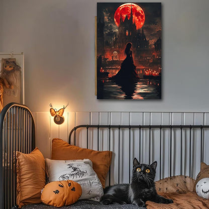 Halloween Witch Poster Canvas Prints Art Vintage Decor,Red Castle Blood Moon and Witch Scene Gothic Painting,Rustic Dark Academia Wall Art for Bathroom Spooky Living Room Wall Decor,24"x36" Unframed