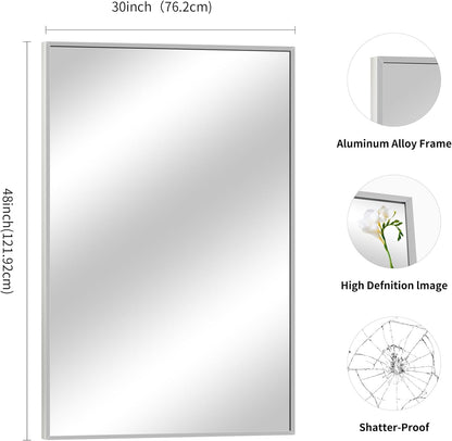 Silver Bathroom Mirror for Wall, 30x48 Inch Rectangle Mirrors with Metal Frame, Modern Vanity Wall Mirror Decor for Bathroom Living Room, Entryway Hangs Horizontal or Vertical