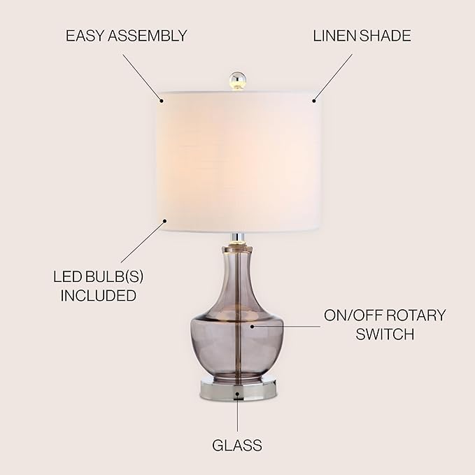 JONATHAN Y 20" Smoke Gray Glass Mini Table Lamp, Modern Bedside Lamp for Bedroom, White Linen Drum Shade, Teardrop Glass Base, LED Bulb Included, UL Listed (JYL1029D)