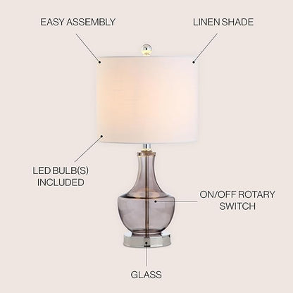 JONATHAN Y 20" Smoke Gray Glass Mini Table Lamp, Modern Bedside Lamp for Bedroom, White Linen Drum Shade, Teardrop Glass Base, LED Bulb Included, UL Listed (JYL1029D)