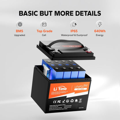 LiTime 12V 50Ah LiFePO4 Lithium Battery 12.8 Volt Deep Cycle Battery, 4000+ Deep Cycle, for Boat Marine Trolling Motor Camping(14.6V10A LiFePO4 Charger Included)