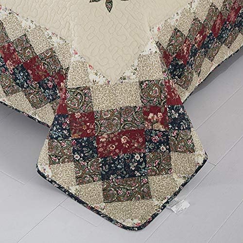 Floral Patchwork Quilt Set Queen Size Authentic Embroidered Stitching Bedspread Coverlet 100% Cotton Beige French Country Reversible Bed Cover Set Soft Breathable Cotton Comforter Cover,3pcs