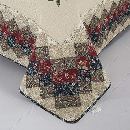 Floral Patchwork Quilt Set Queen Size Authentic Embroidered Stitching Bedspread Coverlet 100% Cotton Beige French Country Reversible Bed Cover Set Soft Breathable Cotton Comforter Cover,3pcs