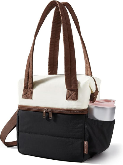 BAGSMART Double Deck Lunch Bag Women, Insulated Reusable Lunch Box, Quilted Puffer Lunch Tote with Shoulder Strap, Durable Large Lunch Cooler For Work Picnic Travel Meal Prep Flight, Beige + Black