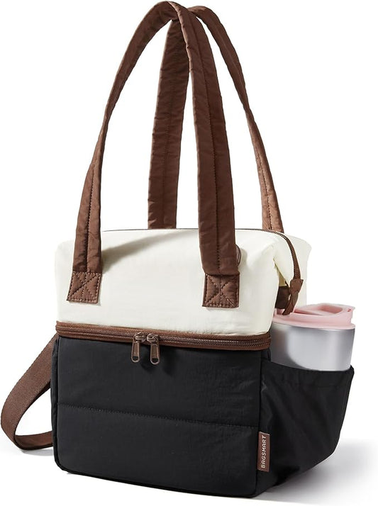 BAGSMART Double Deck Lunch Bag Women, Insulated Reusable Lunch Box, Quilted Puffer Lunch Tote with Shoulder Strap, Durable Large Lunch Cooler For Work Picnic Travel Meal Prep Flight, Beige + Black