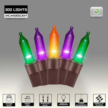 300LIGHTS(2*150L) ORANGE PURPLE and GREEN Extra-Bright With End Connectors Halloween Decorative Lights 19.44m UL Certified Mini String Light Set Waterproof for Halloween Home Garden Tree Party