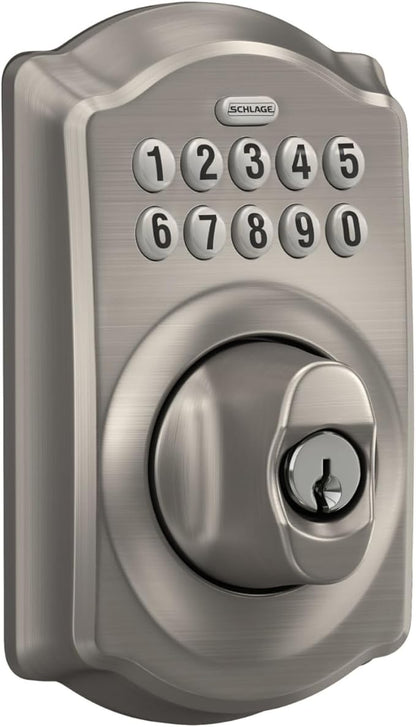 Schlage BE365 V CAM 619 Camelot Keypad Deadbolt, Electronic Keyless Entry Lock, Satin Nickel