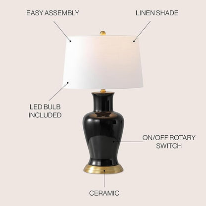 JONATHAN Y 29" Black Traditional Ceramic Urn LED Table Lamp for Bedroom Decor, White Linen Drum Shade, Classic Nightstand Lamp for Living Room, LED Bulb Included (JYL4026F)