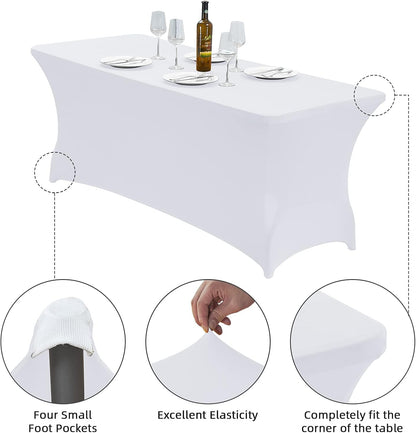CWK 6FT Waterproof Stretch Spandex Table Cover for Rectangular Tables - Elastic Fitted Tablecloth for Folding Tables,Wrinkle Resistant Table Cloth for Parties, Weddings, Banquets & Events (White)