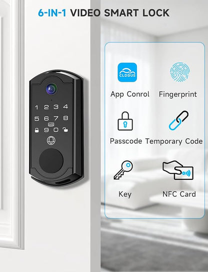 Smart Door Lock with Camera, Fingerprint Keypad Deadbolt, APP Remote Control, Video Doorbell with 2-Way Audio, Auto Lock, Keyless Entry Electronic Smairt Lock for Front Door, Black
