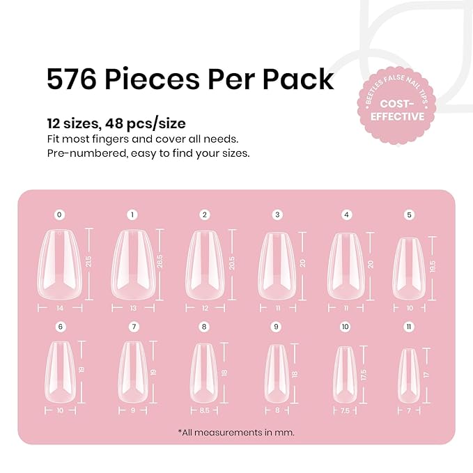 Beetles Short Coffin Nail Tips 576 PCS Half Matte Pre-shape Short Coffin Fake Nails 12 Sizes Full Cover Acrylic False Nails Nail Extension DIY Manicure Gifts for Women