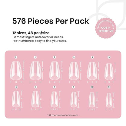 Beetles Short Coffin Nail Tips 576 PCS Half Matte Pre-shape Short Coffin Fake Nails 12 Sizes Full Cover Acrylic False Nails Nail Extension DIY Manicure Gifts for Women