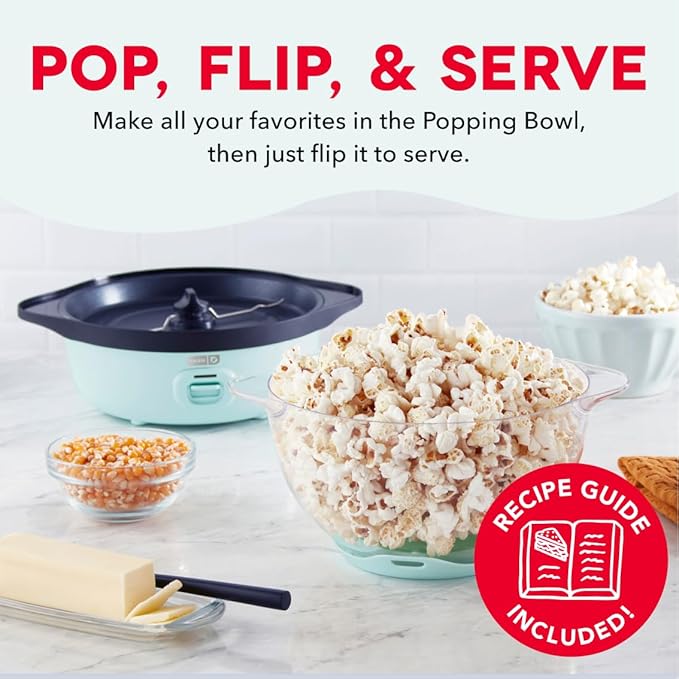 Dash SmartStore Stirring Popcorn Maker - Hot Oil Electric Popcorn Popper with Butter-Warming Tray, Clear Serving Bowl & Measuring Cup - 12 Cups, Aqua