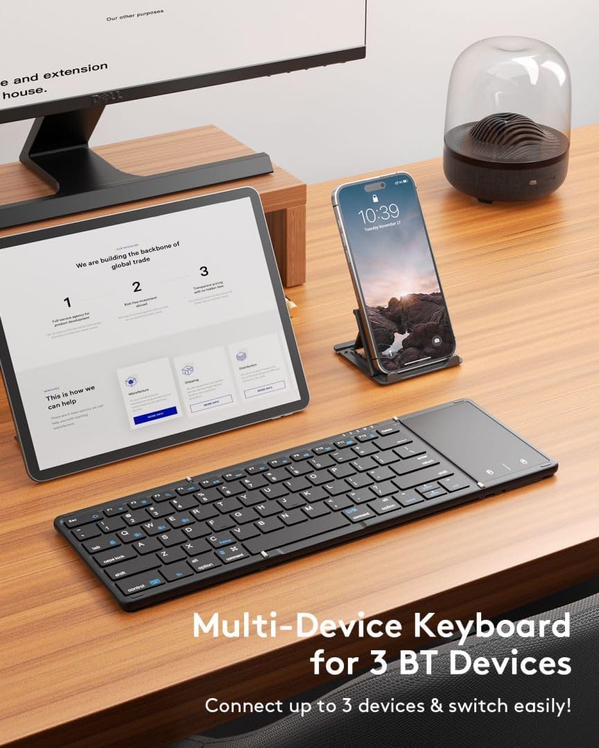 Samsers Foldable Bluetooth Keyboard with Touchpad, Full-Size Wireless Folding Portable Travel Keyboard for iOS Android Windows Mac OS, Support 3 Devices (BT5.1 x 3), Black