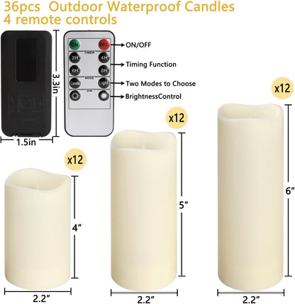 36-Pack Flickering Flameless Candles with Remote Control - LED Fake Candle Perfect for Wedding,Outdoor,Table,Halloween,Christmas Decor - Create a Magical Ambiance Effortlessly(Three Sizes)