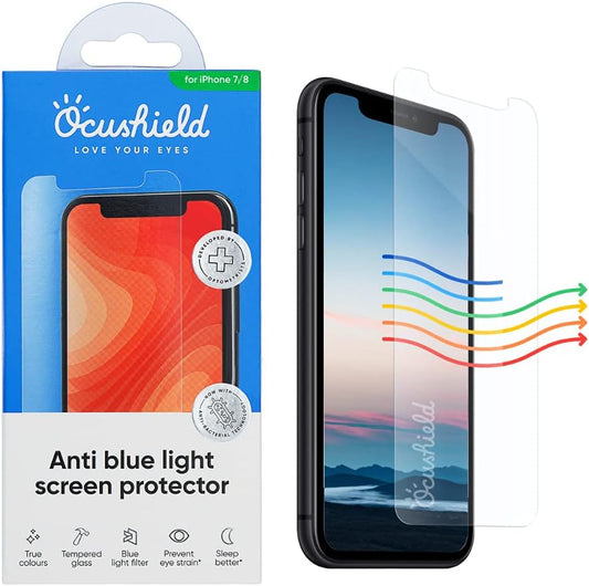 Ocushield Anti Blue Light Tempered Glass Screen Protector for iPhone 7 | iPhone 8 - Protect Your Eyes, Reduce Migraines & Improve Sleep