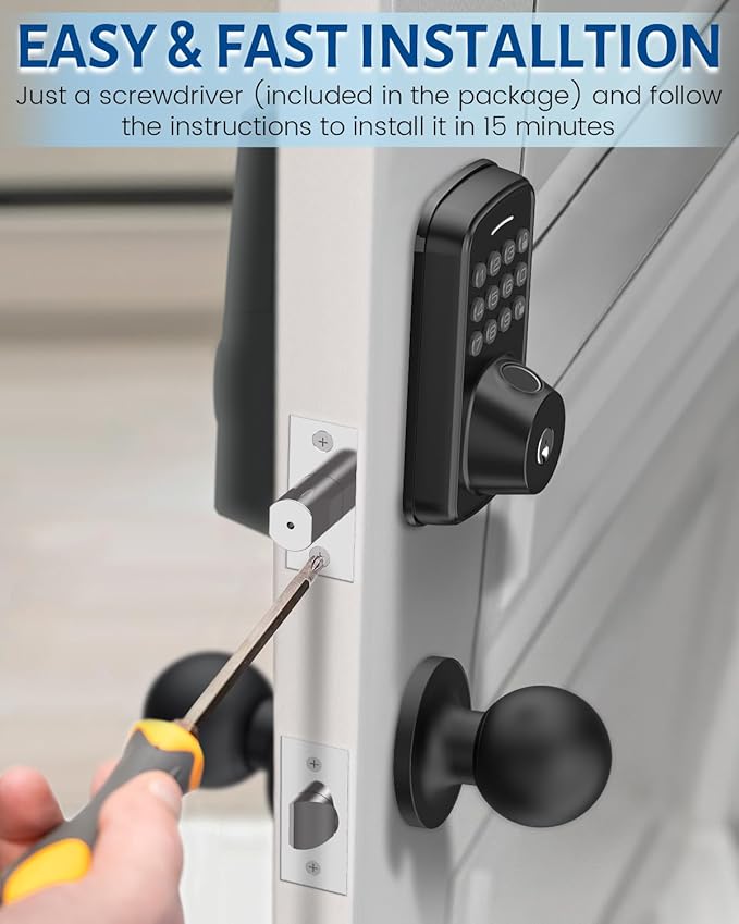 Keyless Entry Door Lock with Handle Set, Smart Door Lock with Fingerprint, 5 in 1 Unlock, Auto Lock Biometric Fingerprint Door Lock for Front Door, Easy Installation (Black)