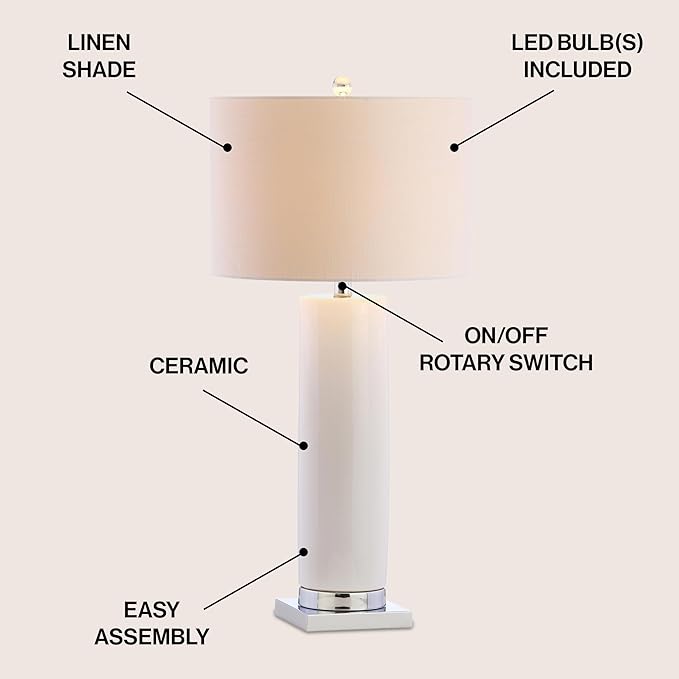 JONATHAN Y 31.5" White Ceramic Table Lamp with Chrome Base for Living Room, White Linen Drum Shade, Modern Bedside Lamp for Bedroom Office Nightstand, LED Bulb Included JYL8021A
