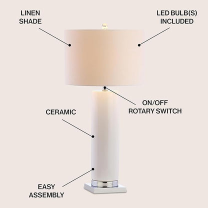 JONATHAN Y 31.5" White Ceramic Table Lamp with Chrome Base for Living Room, White Linen Drum Shade, Modern Bedside Lamp for Bedroom Office Nightstand, LED Bulb Included JYL8021A