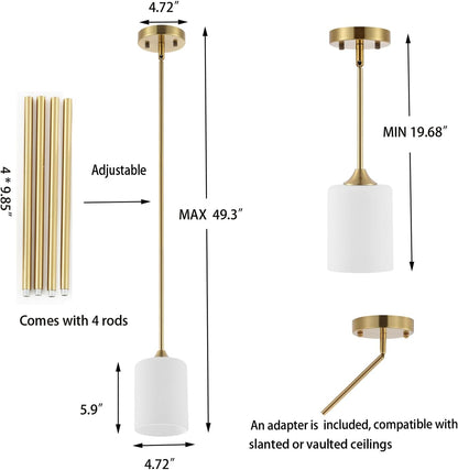 Modern Gold Pendant Light 3 Pack Brushed Brass Mid Century Chandelier White Cylinder Glass Shades Adjustable Rods Farmhouse Ceiling Hanging Lighting Fixture Kitchen Island Dining Room Bedroom