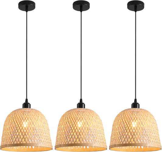 Bamboo Pendant Light 11.02" Hand Woven Bamboo Chandelier,3-Pack Rattan Ceiling Hanging Light,for Living Room Kitchen Dining Room Farmhouse