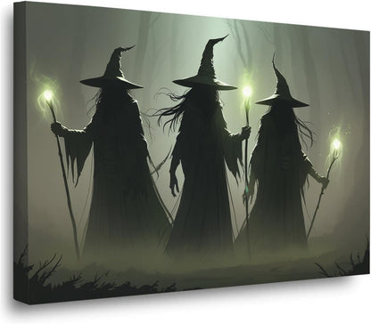 Vintage 3 witches canvas wall decor melancholy dark Halloween poster wall decor holding a staff print Gothic horror Halloween painting print for living room bedroom28x40in Wood Framed