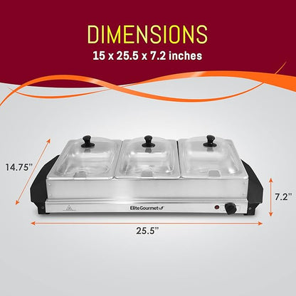 Elite Gourmet EWM-6171 Triple 3 x 2.5 Qt. Trays, Buffet Server, Food Warmer Temperature Control, Clear Slotted Lids, Perfect for Parties, Entertaining & Holidays, 7.5 Qt Total, Stainless Steel