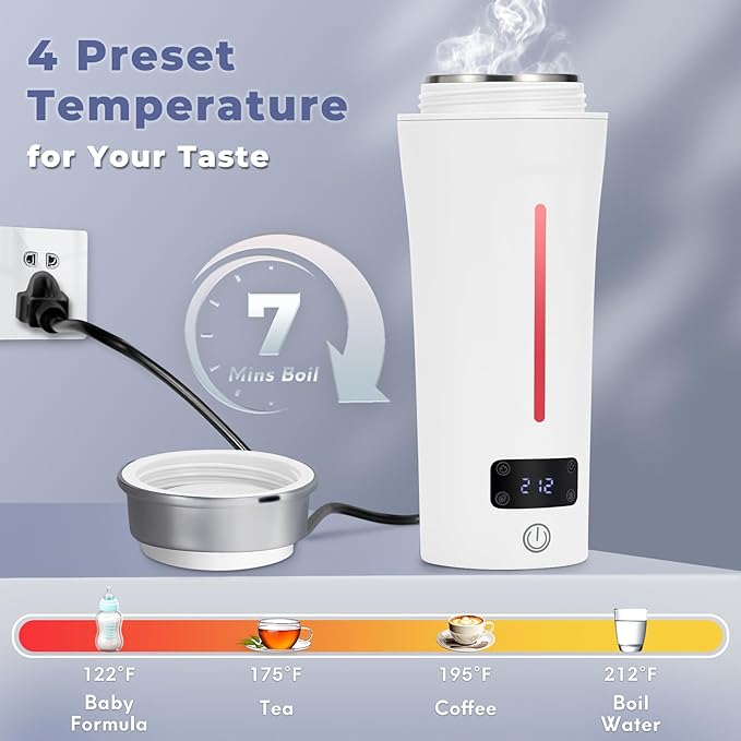 Dual Voltage Travel Kettle, 110-240V Portable Electric Kettle with LCD Display, 4 Temperature Settings, 4 Colors LED for Global Use (350ML)