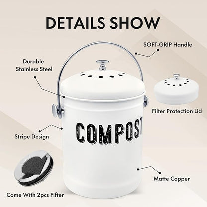 Compost Bin Kitchen, ENLOY Countertop Compost Bin with Lid Use for Kitchen Food Waste, Powder Coated Rust Proof Odorless Compost Bucket, 1.3 Gallon, White