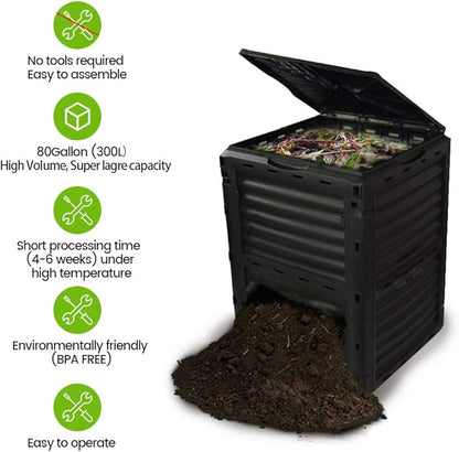EJWOX 80 Gallon (300L) Large Capacity Static Compost Bin - Forest Green Outdoor Waste Composter with Easy-Access Hatch, Efficient Aeration System for Fast Organic Fertilizer, Sturdy Design