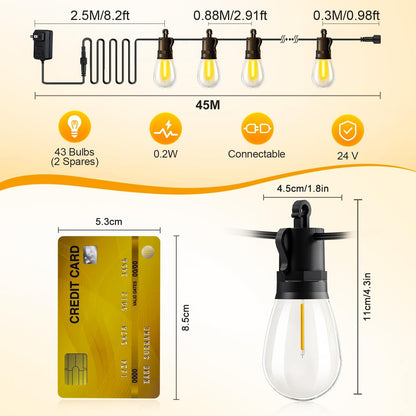 Outdoor String Lights Patio LED Light Outside - 45M 43+2 S14 LED Dimmable 150ft Porch Lighting IP65 Waterproof