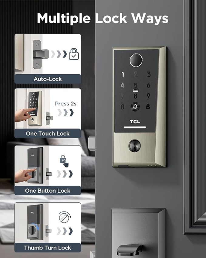 TCL Smart Lock D2 Plus, Fingerprint Door Lock with Keyless Entry Security Electronic Deadbolt for Front Door, Built-in Doorbell, Compatible with Alexa, Auto Lock, Easy Install