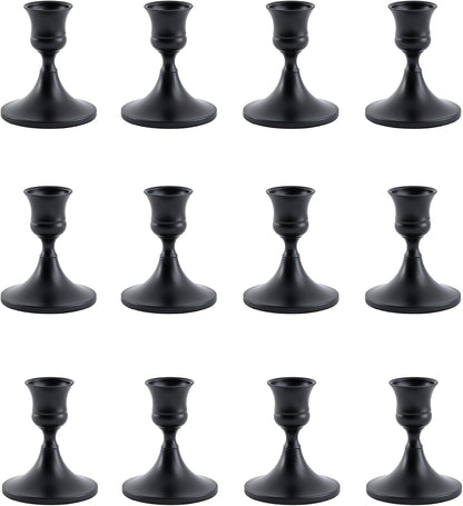 Black Taper Candle Holder, Candlestick Holders, Vintage Metal for Table Centerpieces Wedding Decor (Matte Black, 12 Pcs)