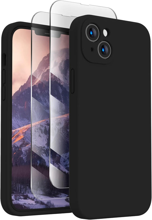 FireNova Designed for iPhone 13 Case, Silicone Upgraded [Camera Protection] Phone Case with [2 Screen Protectors], Soft Anti-Scratch Microfiber Lining Inside, 6.1 inch, Black