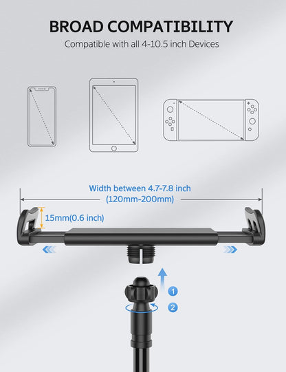 SHAWE Gooseneck Tablet Holder Phone Stand, Flexible Tablet Mount for Bed, 360 Adjustable Lazy Arm Holder Clamp Mount for iPad Air Pro mini, Samsung Galaxy Tabs, iPhone, Switch, 4.0~10.5" (Black)